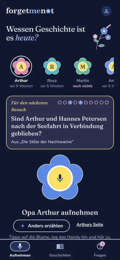 Die erste Seite der App: die Blume, auf die du drückst, wenn sie zu erzählen beginnt