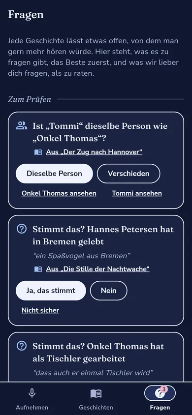 Die Fragen: „Ist Tommi dieselbe Person wie Onkel Thomas?“ mit den Antworten zur Auswahl