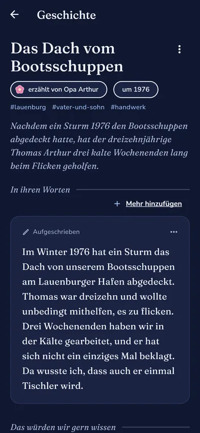 Eine Geschichte, aufgeschrieben: die Worte von Opa Arthur über den Bootsschuppen, mit den Namen und Jahren markiert