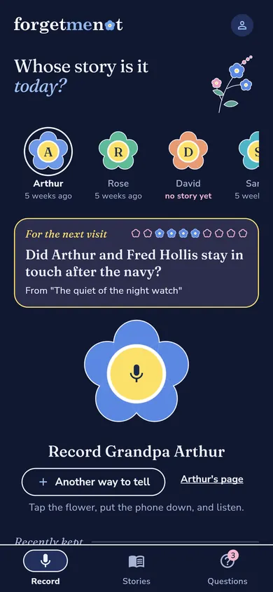 The first page of the app: the flower to press when she starts telling