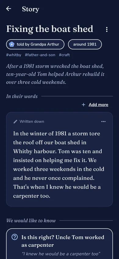 A story, written down: the words of Grandpa Arthur about the boat shed, with the names and years marked
